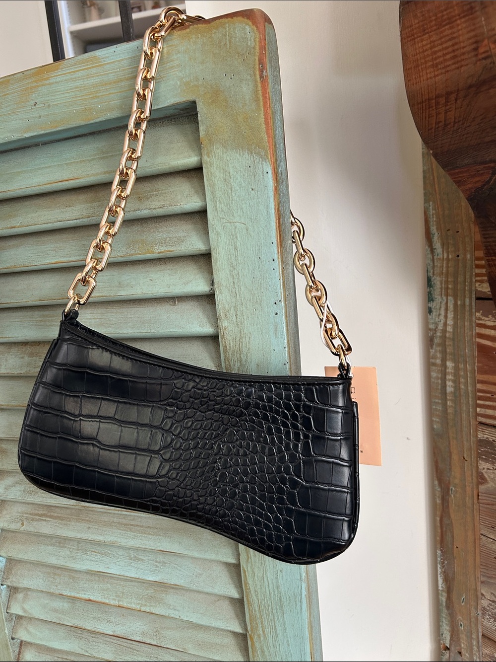 Billini Black Croc-Embossed Mini Shoulder Bag with Gold Chain NWT!
